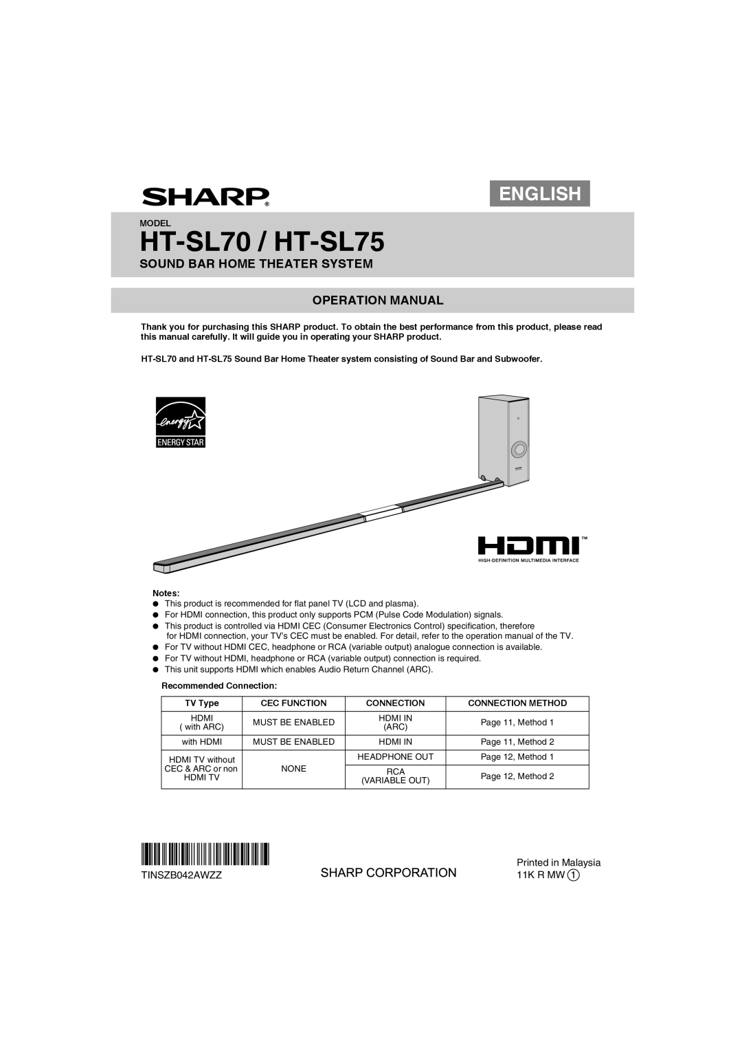 Sharp HT-SL75 operation manual Model, Recommended Connection TV Type, CEC Function Connection Connection Method 