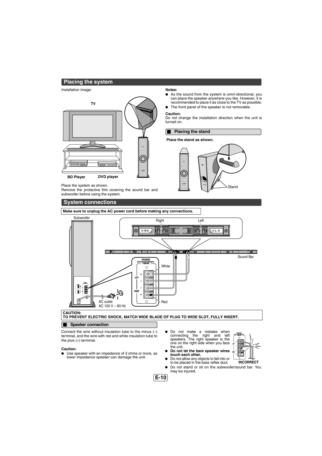 Sharp HT-SL75 operation manual Placing the system, System connections, Placing the stand, Speaker connection 