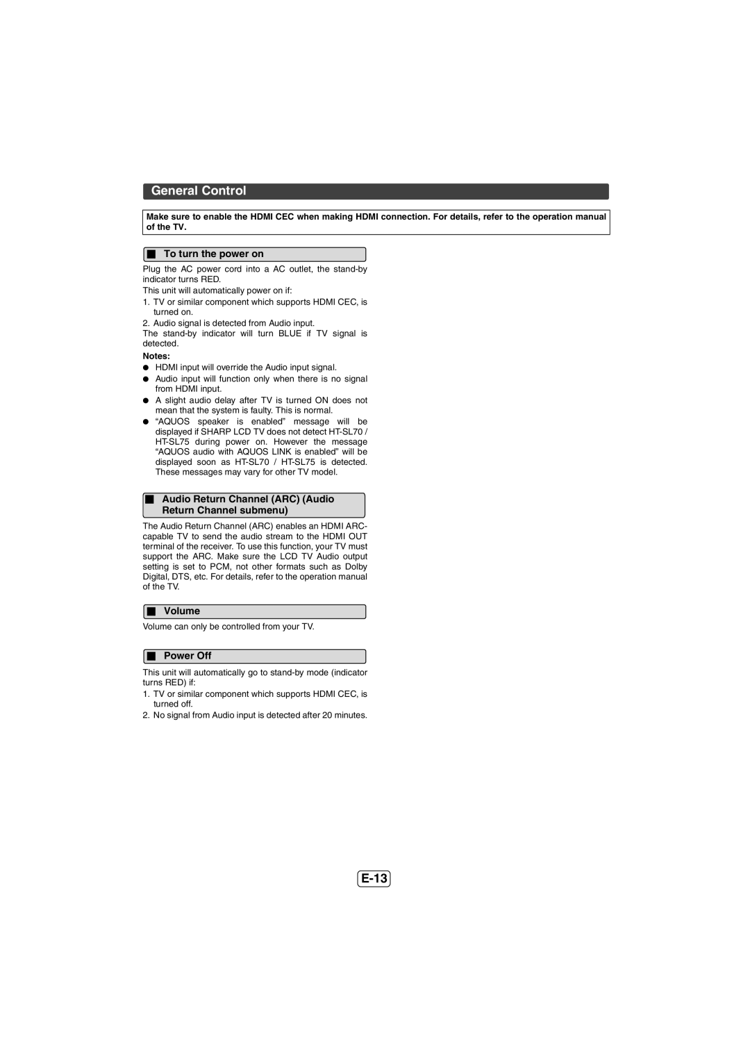 Sharp HT-SL75 operation manual General Control, To turn the power on, Power Off 