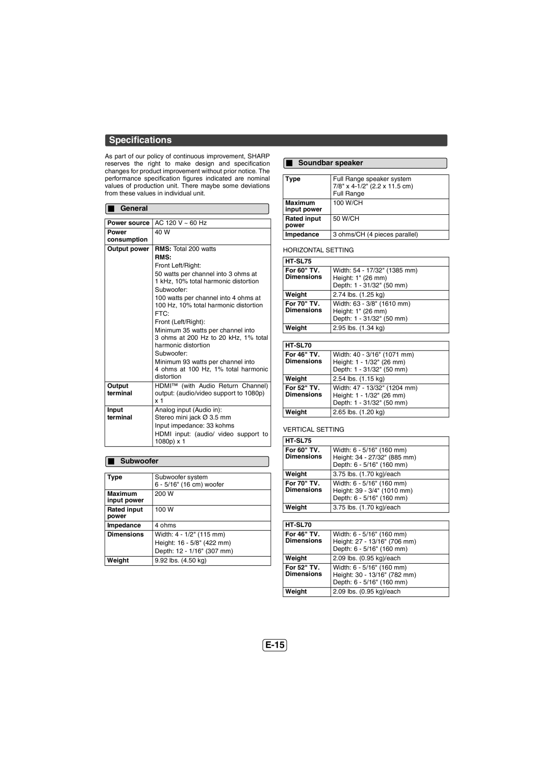 Sharp HT-SL75 operation manual Specifications, Soundbar speaker, Rms 