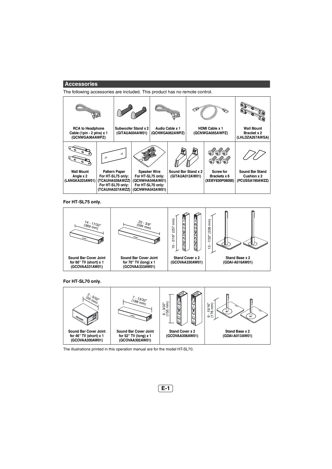 Sharp operation manual Accessories, For HT-SL75 only, For HT-SL70 only, GCOVAA330AW01 