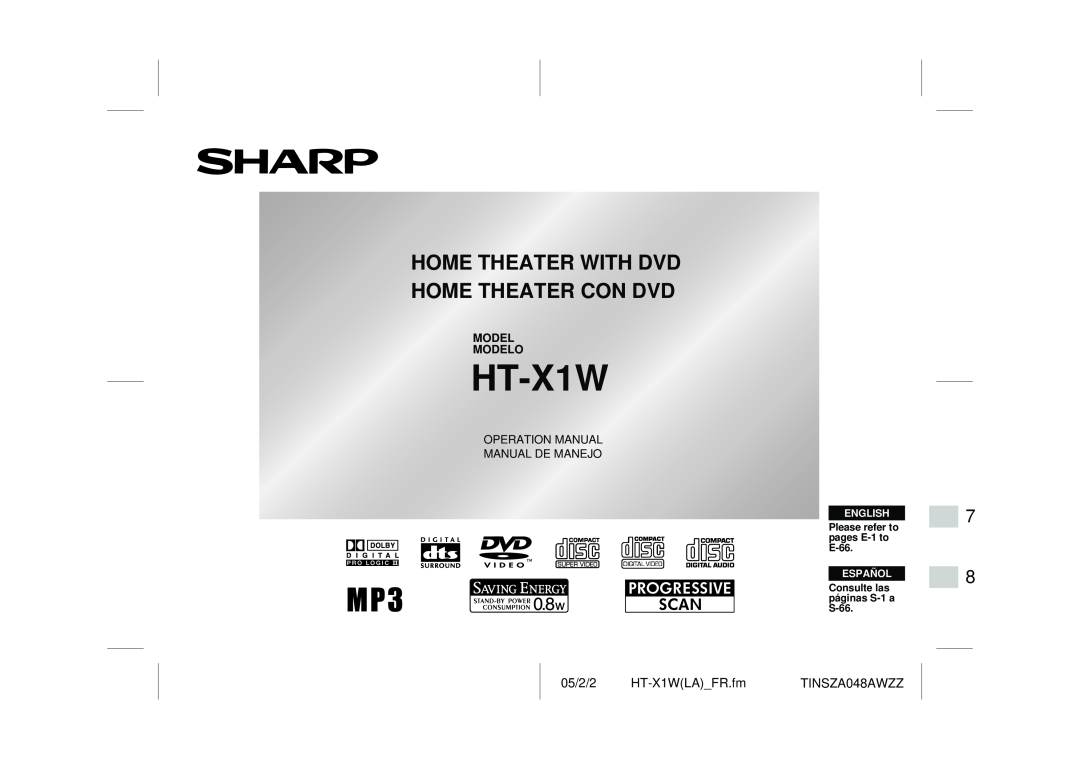 Sharp operation manual 05/2/2, HT-X1WLA FR.fm, Home Theater With Dvd Home Theater Con Dvd, Model Modelo, English 