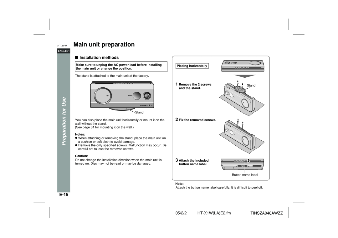 Sharp HT-X1W operation manual Main unit preparation, Preparation for Use, E-15, Installation methods 