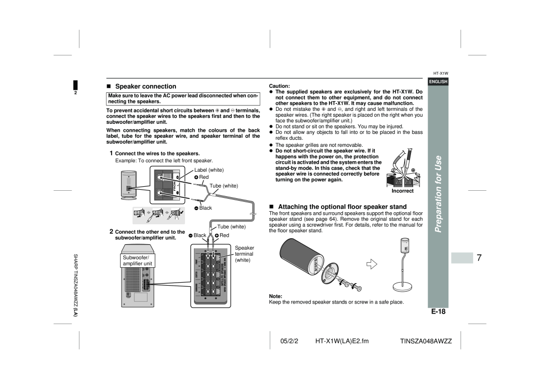 Sharp HT-X1W operation manual E-18, Speaker connection, Attaching the optional floor speaker stand, Preparation for 