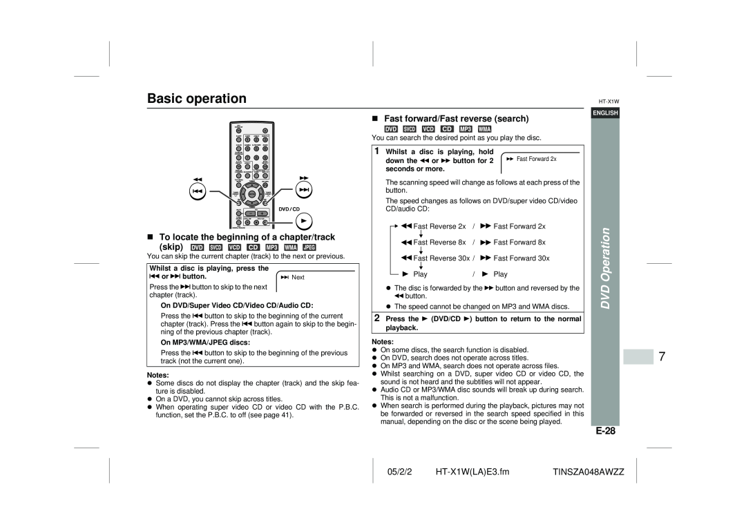 Sharp HT-X1W Basic operation, E-28, To locate the beginning of a chapter/track skip, Fast forward/Fast reverse search 