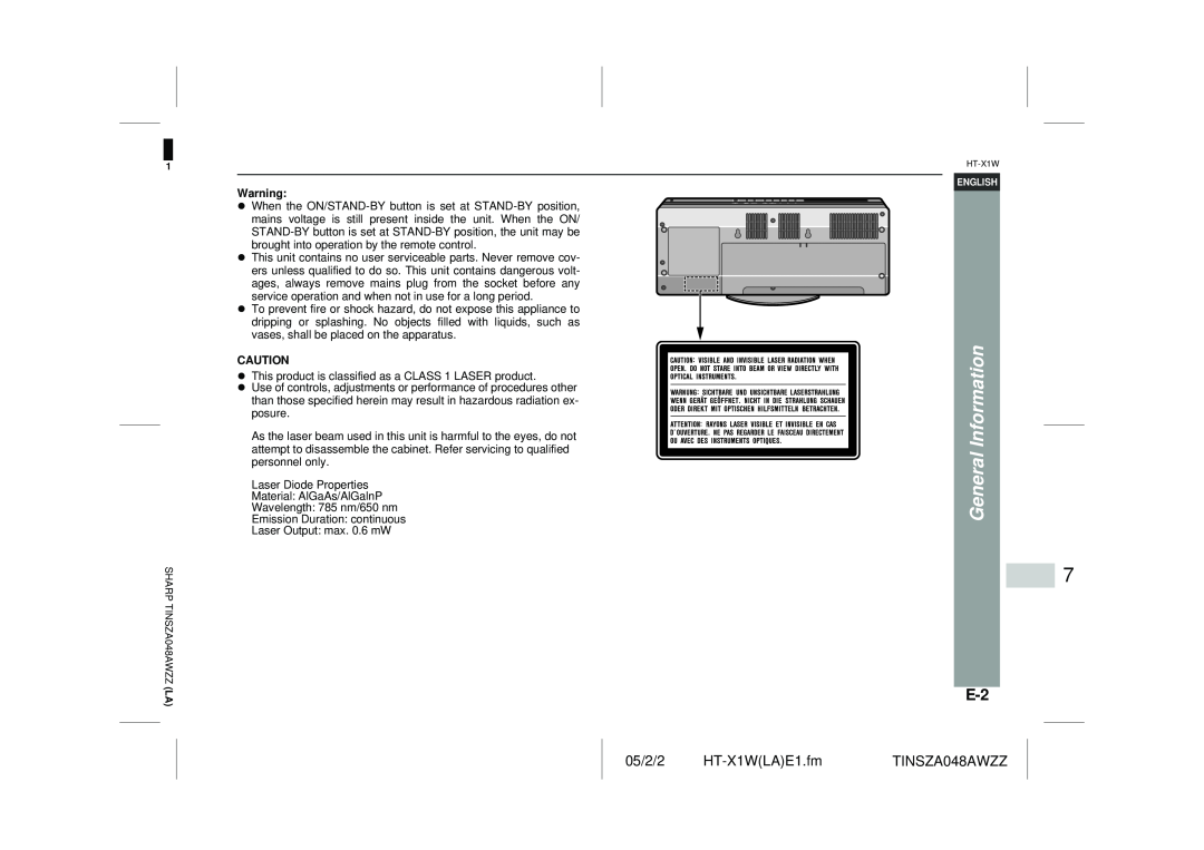 Sharp operation manual General Information, 05/2/2 HT-X1WLAE1.fm, TINSZA048AWZZ 