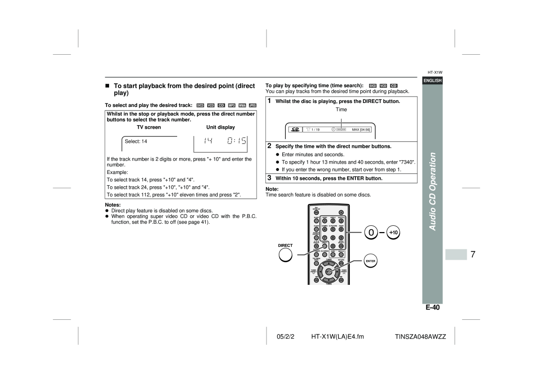 Sharp HT-X1W operation manual E-40, Audio CD Operation 