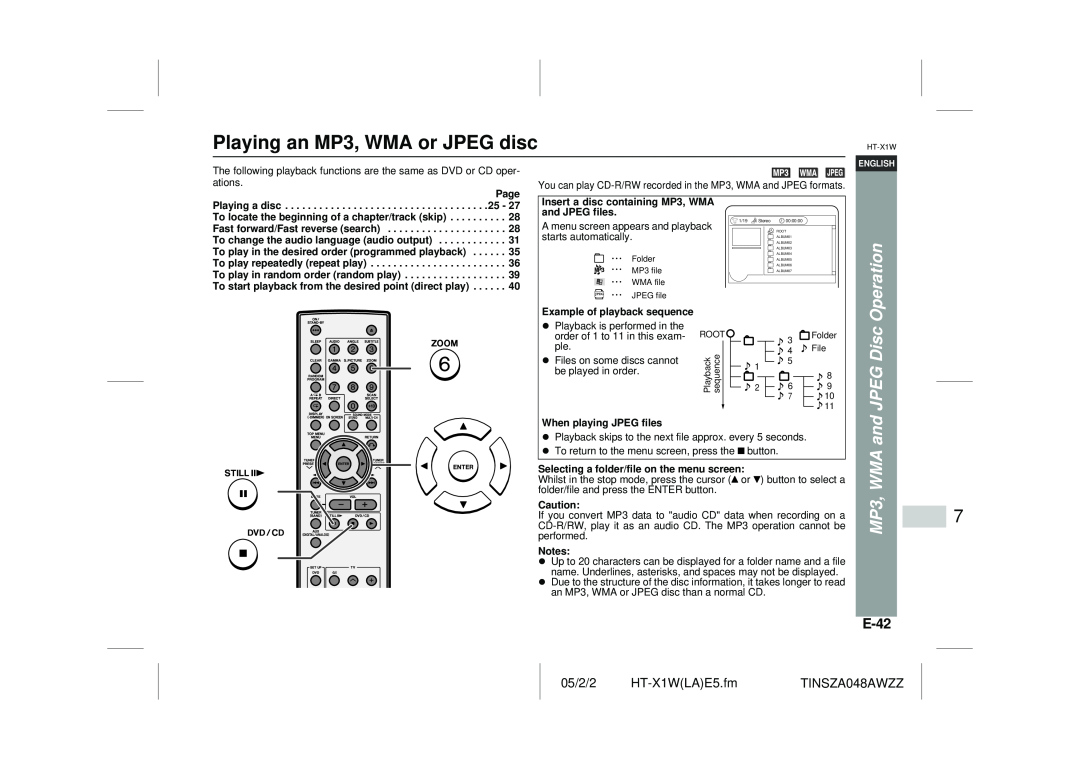 Sharp HT-X1W operation manual Playing an MP3, WMA or JPEG disc, WMA and JPEG Disc, E-42, Operation 