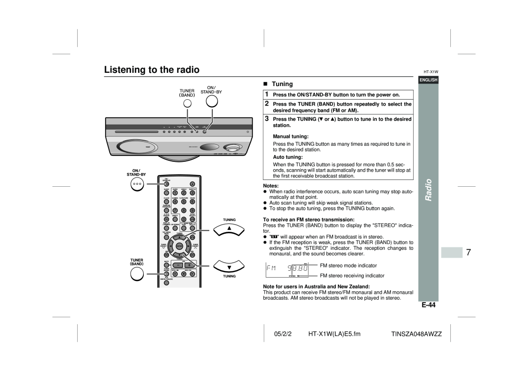Sharp HT-X1W operation manual Listening to the radio, Radio, E-44, Tuning 