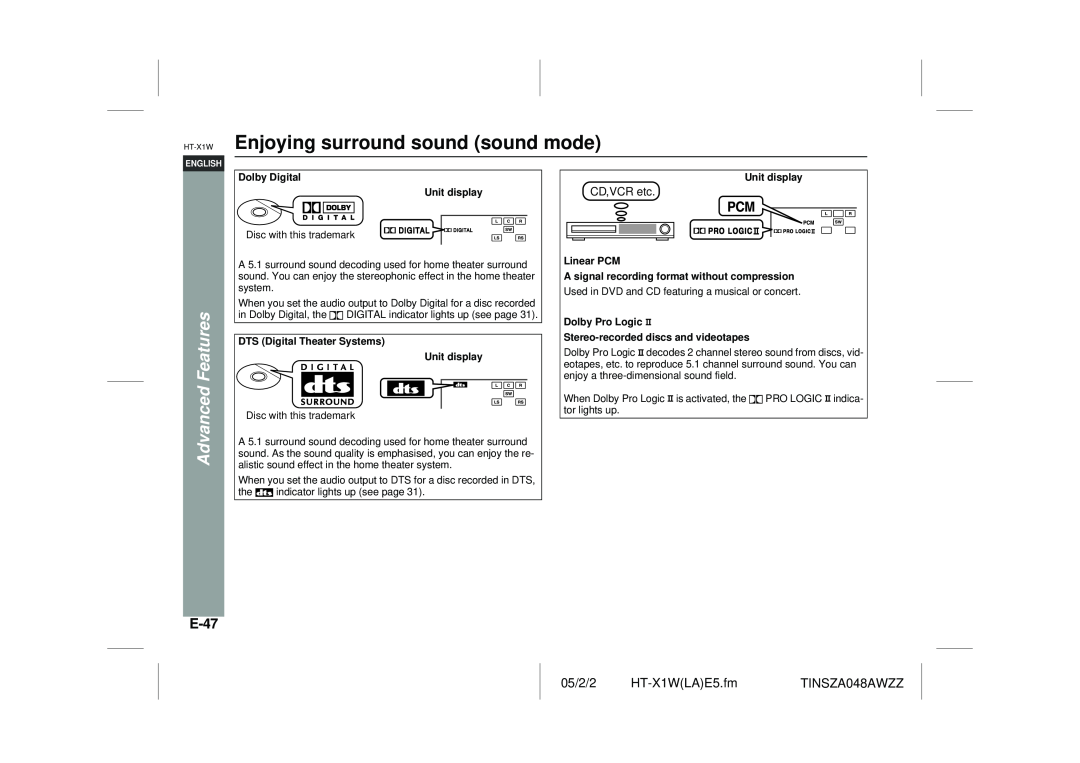 Sharp HT-X1W operation manual Enjoying surround sound sound mode, Advanced Features, E-47, CD,VCR etc 