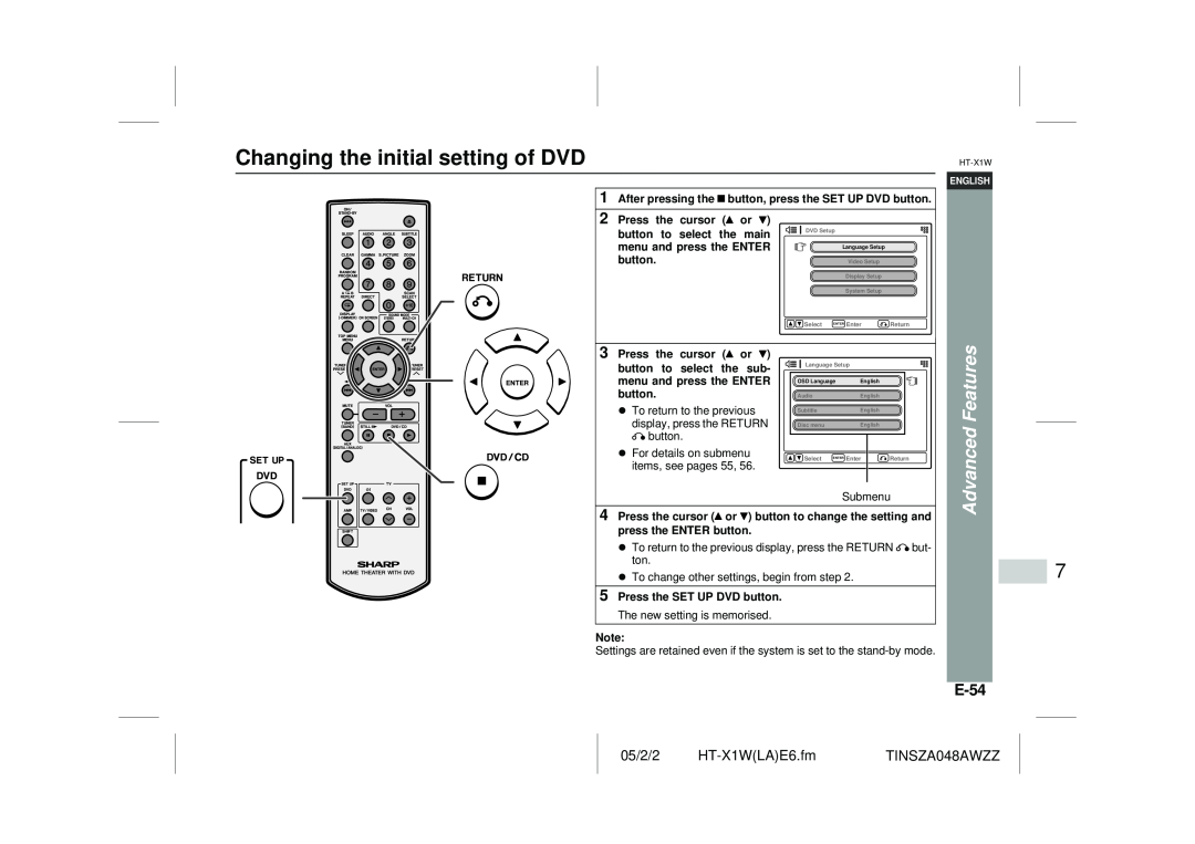 Sharp HT-X1W operation manual Changing the initial setting of DVD, E-54, Advanced Features, button to select the main 