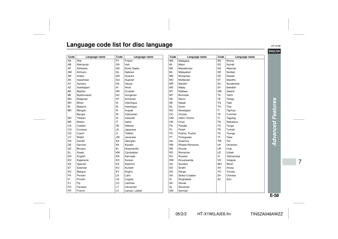 Sharp HT-X1W operation manual Language code list for disc language, E-58, Advanced Features, English, Code, Language name 