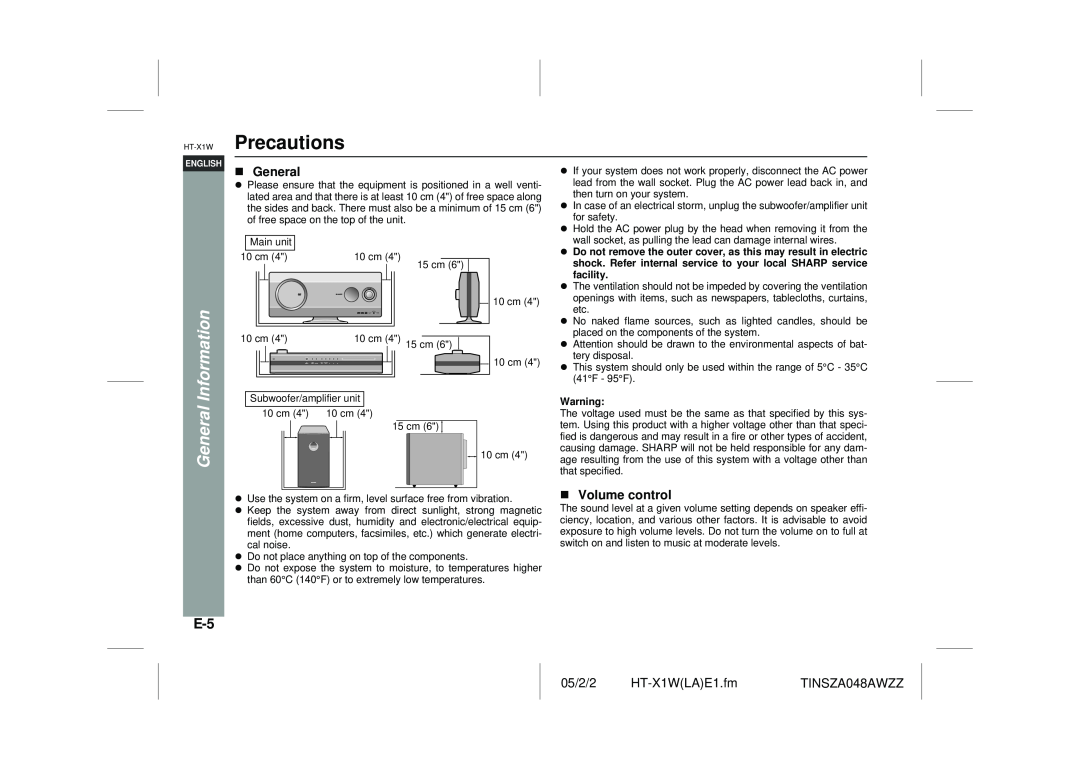 Sharp HT-X1W operation manual Precautions, Volume control, General Information 