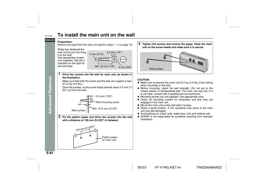 Sharp HT-X1W operation manual To install the main unit on the wall, E-61, Advanced Features 