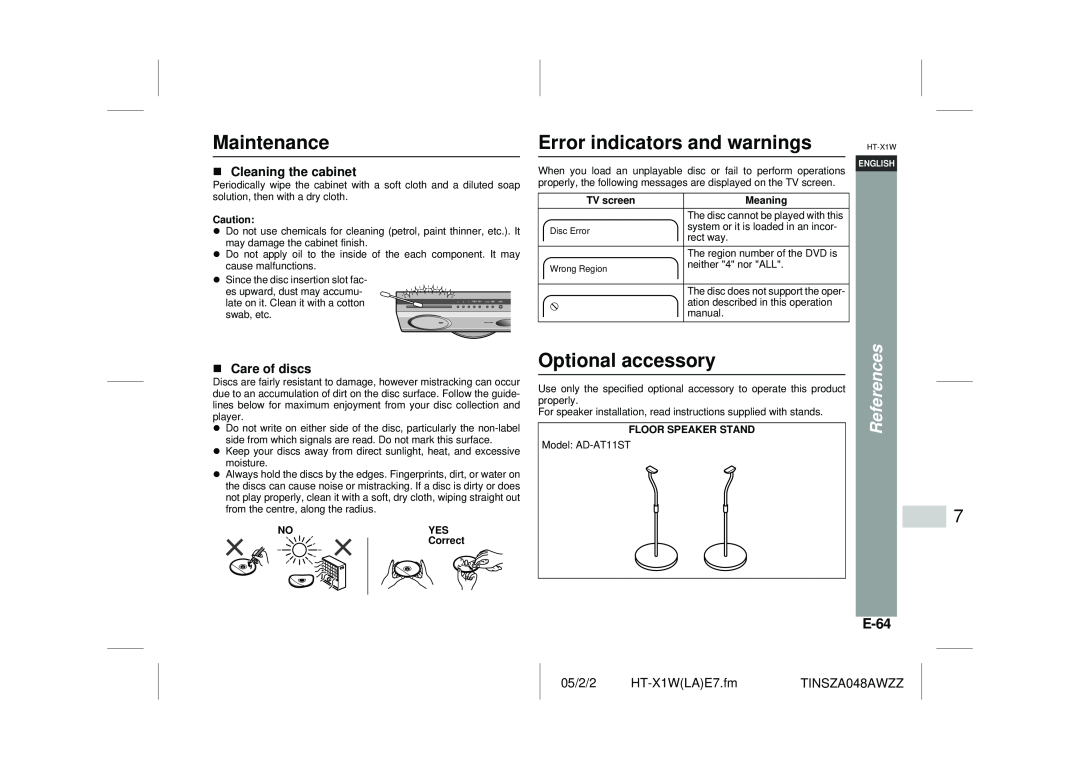 Sharp HT-X1W Maintenance, Error indicators and warnings, Optional accessory, E-64, Cleaning the cabinet, Care of discs 