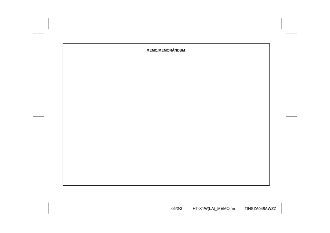 Sharp operation manual 05/2/2 HT-X1WLA MEMO.fmTINSZA048AWZZ, Memo/Memorándum 