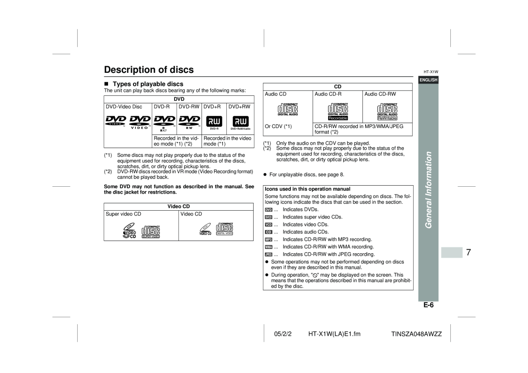 Sharp HT-X1W operation manual Description of discs, Types of playable discs, General Information 