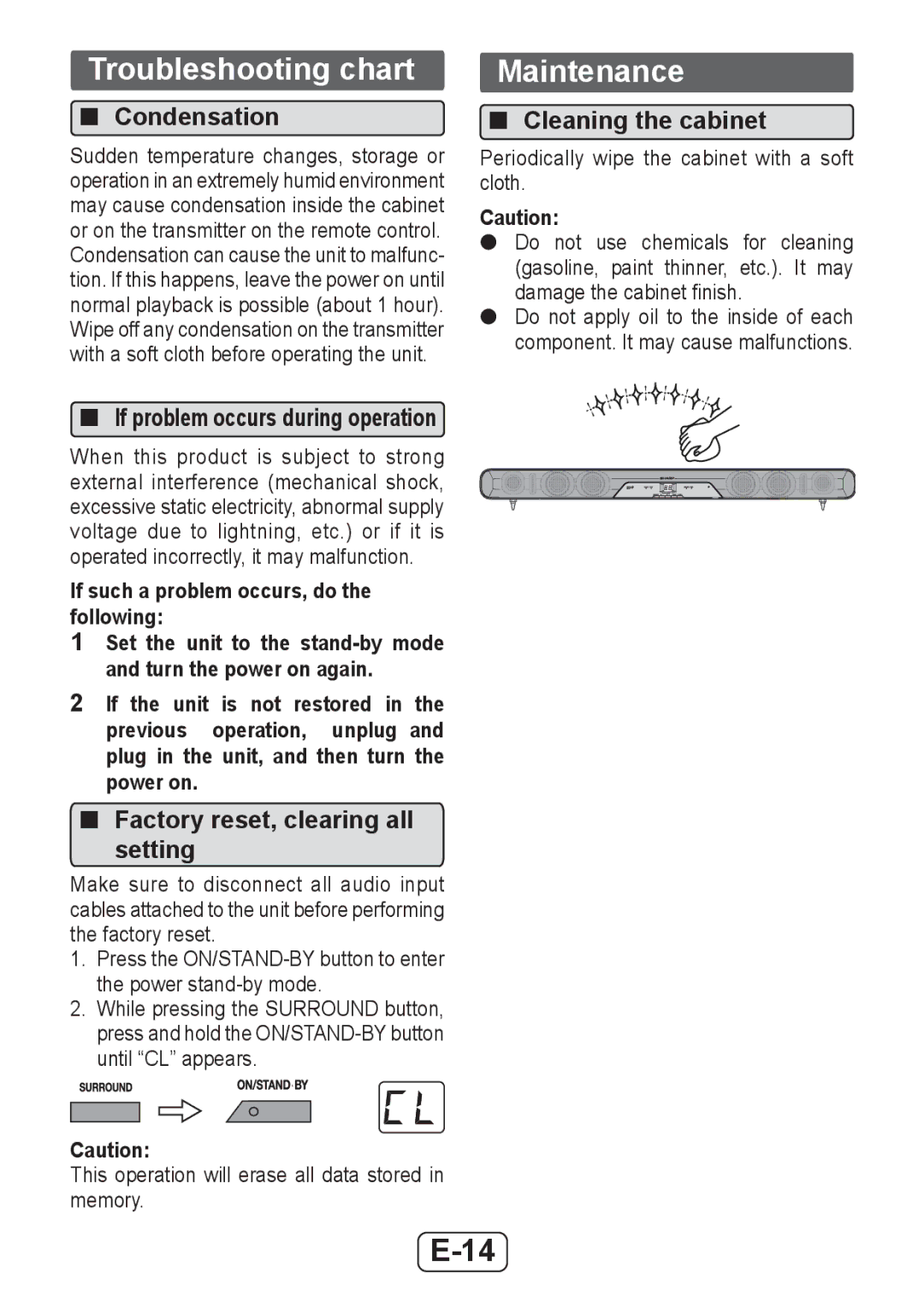 Sharp HTSB250 operation manual Maintenance, Condensation, Factory reset, clearing all setting, Cleaning the cabinet 