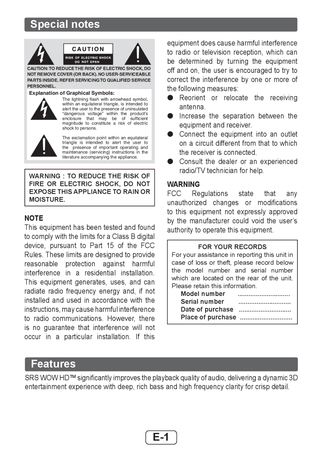 Sharp HTSB250 operation manual Special notes, Features 