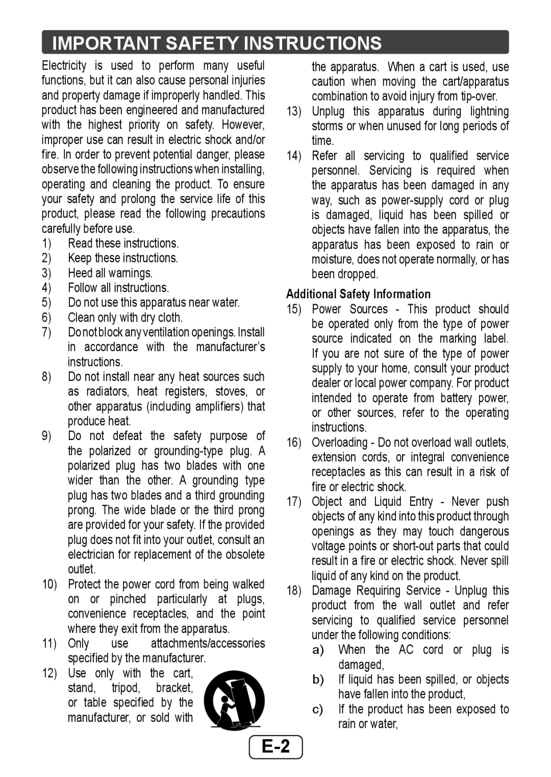 Sharp HTSB250 operation manual Use only with the cart, Additional Safety Information, When the AC cord or plug is damaged 