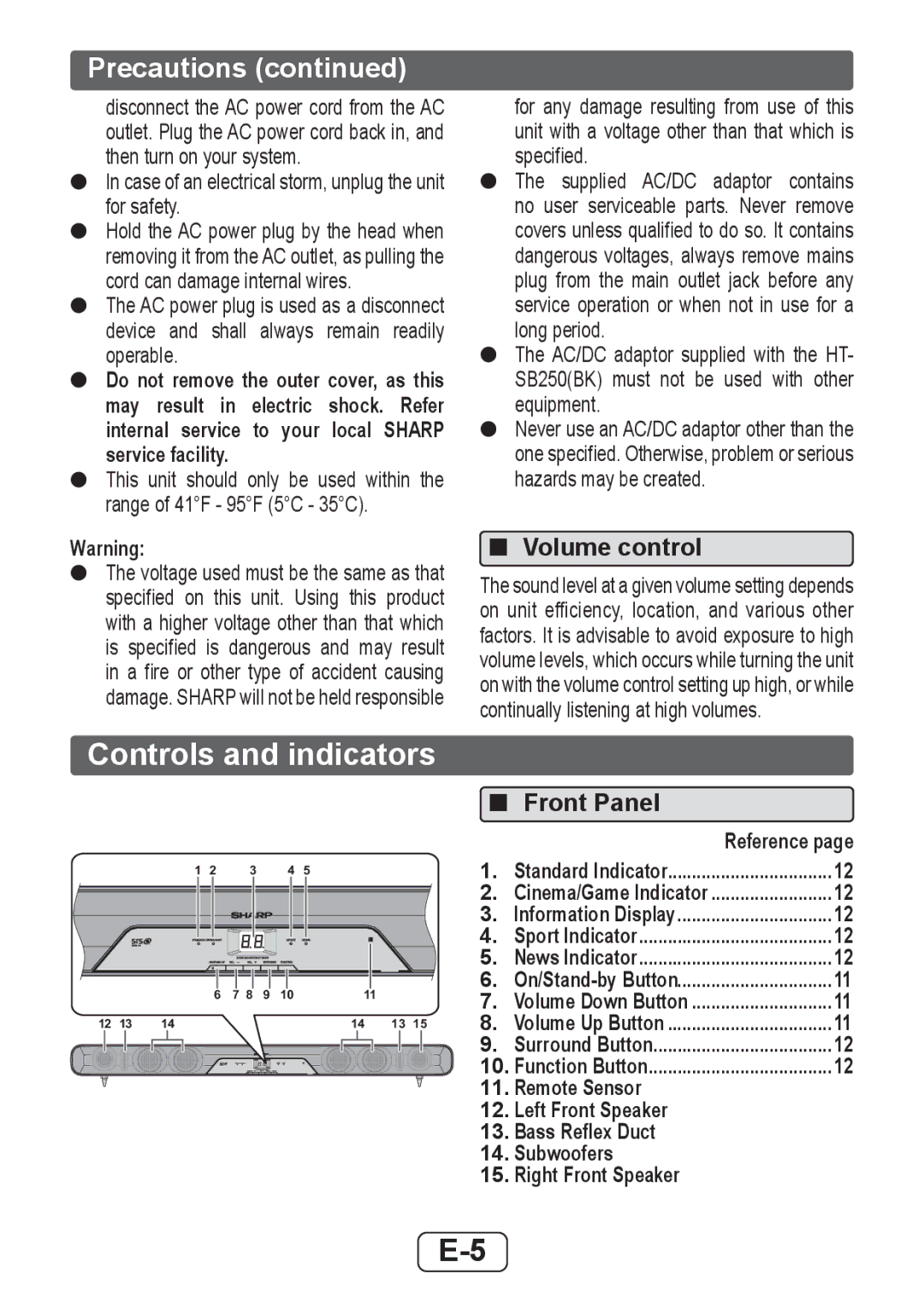 Sharp HTSB250 operation manual Controls and indicators, Precautions, Volume control, Front Panel 