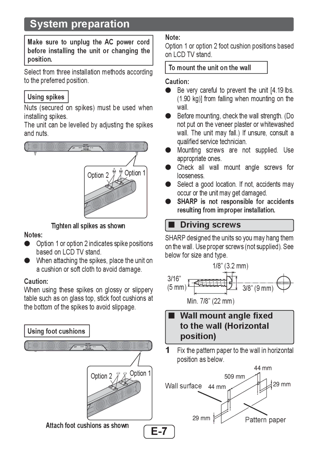 Sharp HTSB250 operation manual System preparation, Driving screws, Wall mount angle fixed to the wall Horizontal position 