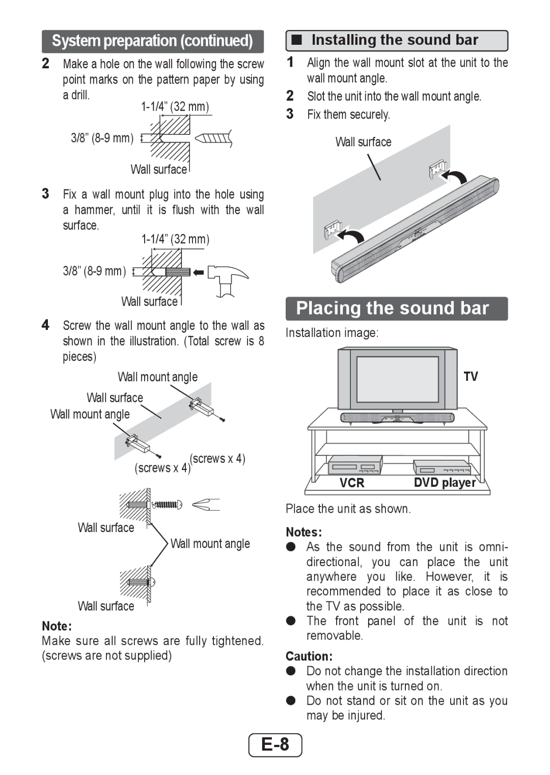 Sharp HTSB250 operation manual Placing the sound bar, Installing the sound bar 