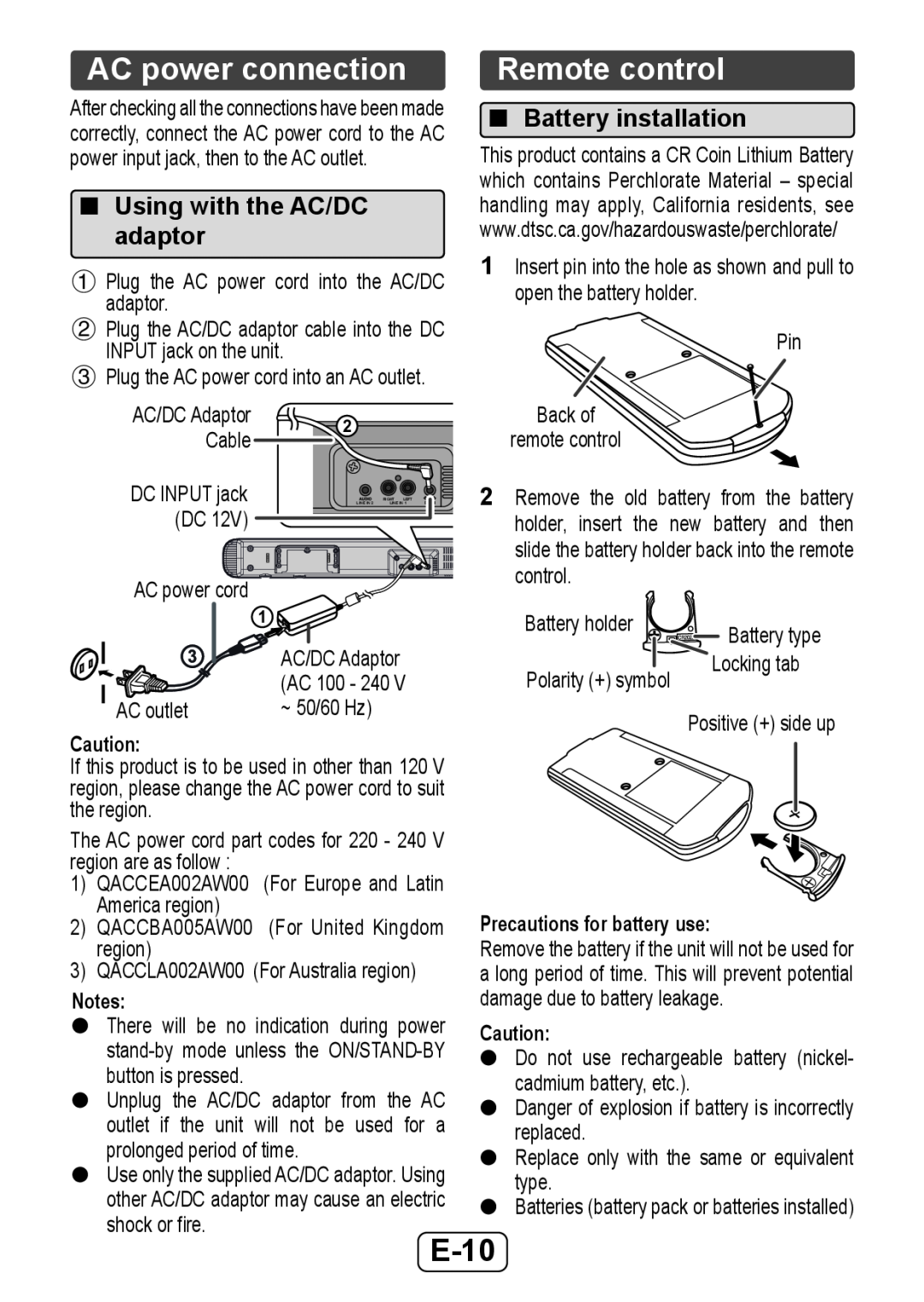 Sharp HTSB250 operation manual AC power connection, Remote control, Using with the AC/DC adaptor, Battery installation 