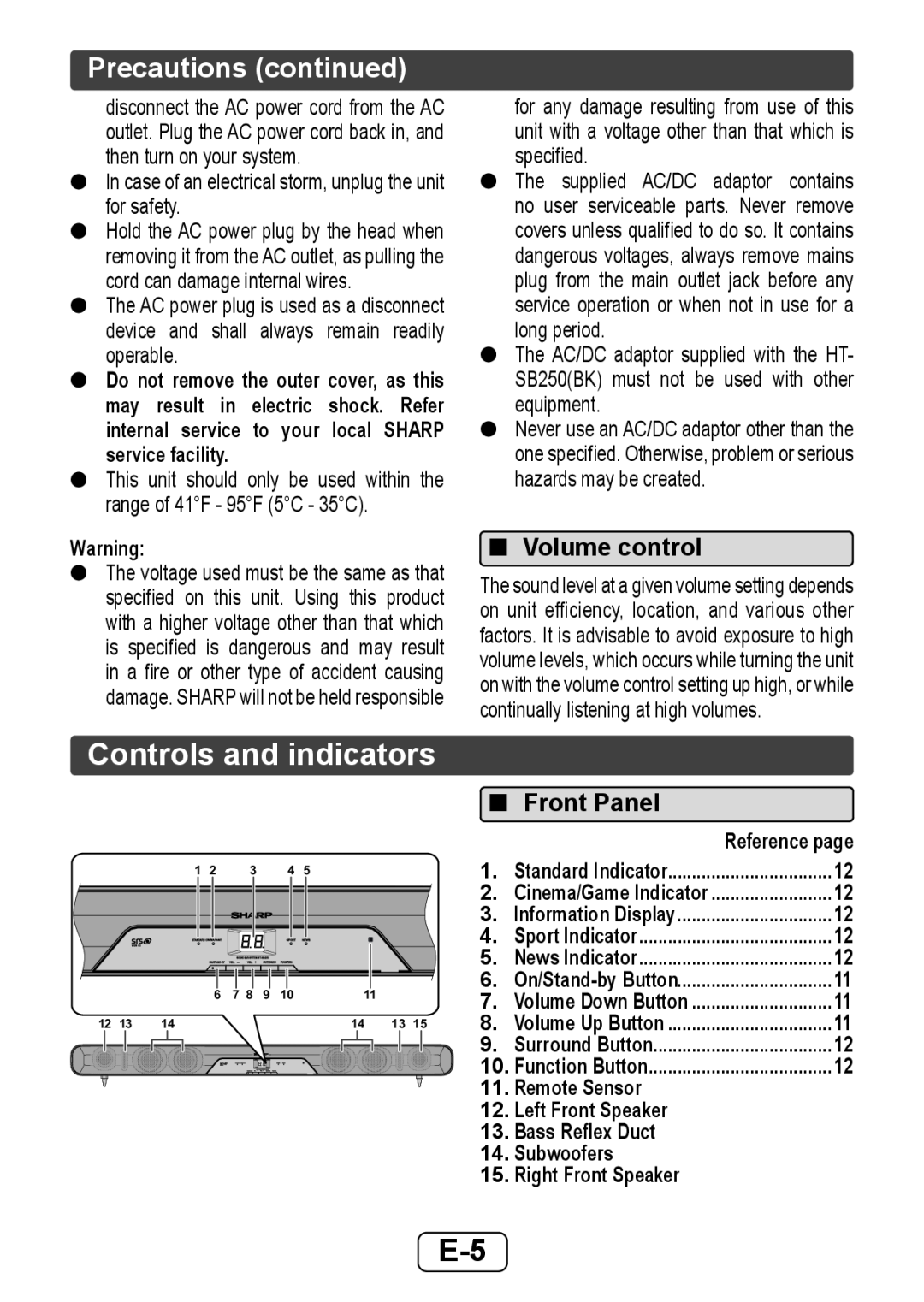 Sharp HTSB250 Controls and indicators, Precautions continued, Volume control, Front Panel, . Remote Sensor 