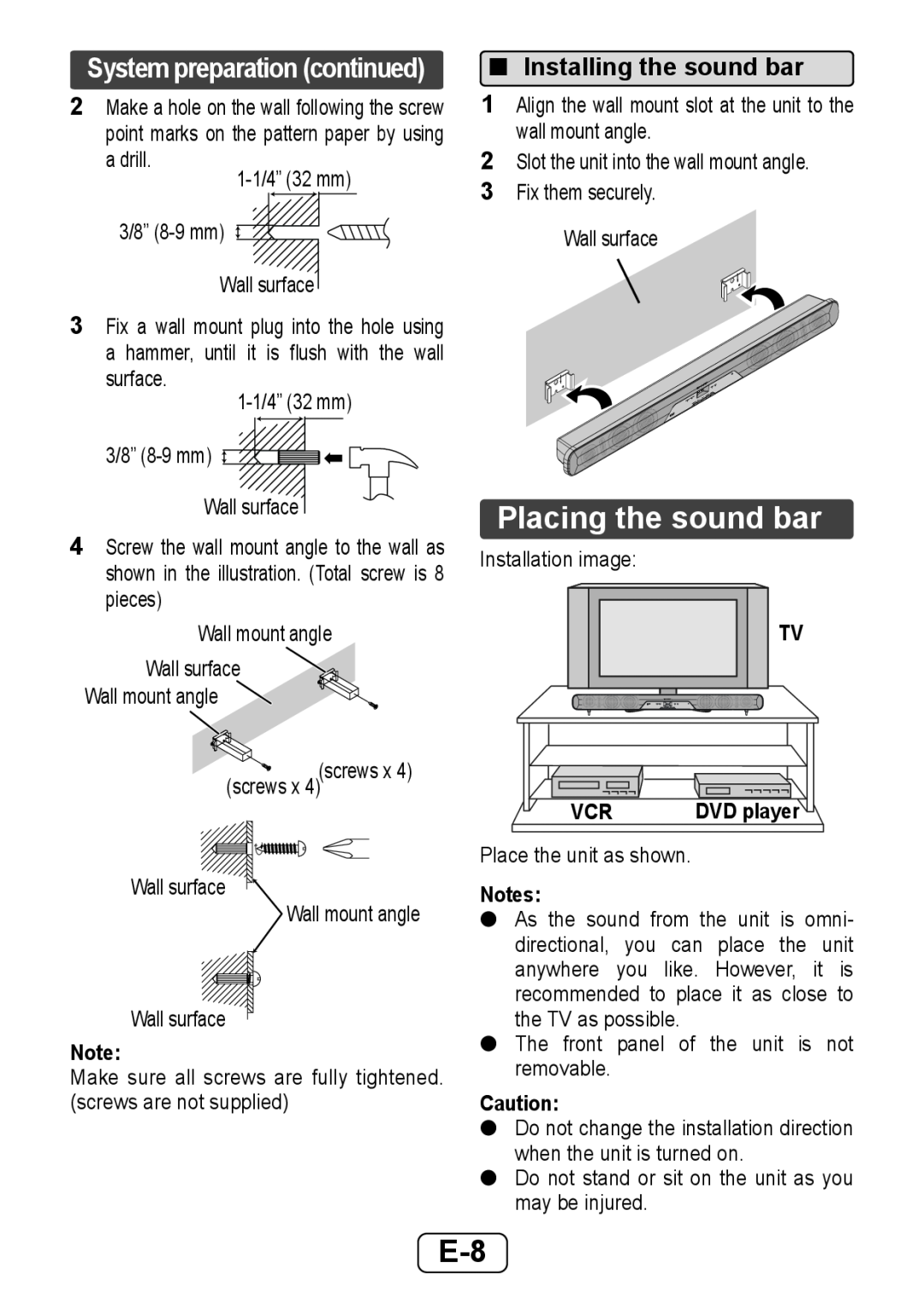 Sharp HTSB250 operation manual Placing the sound bar, Installing the sound bar, System preparation continued 