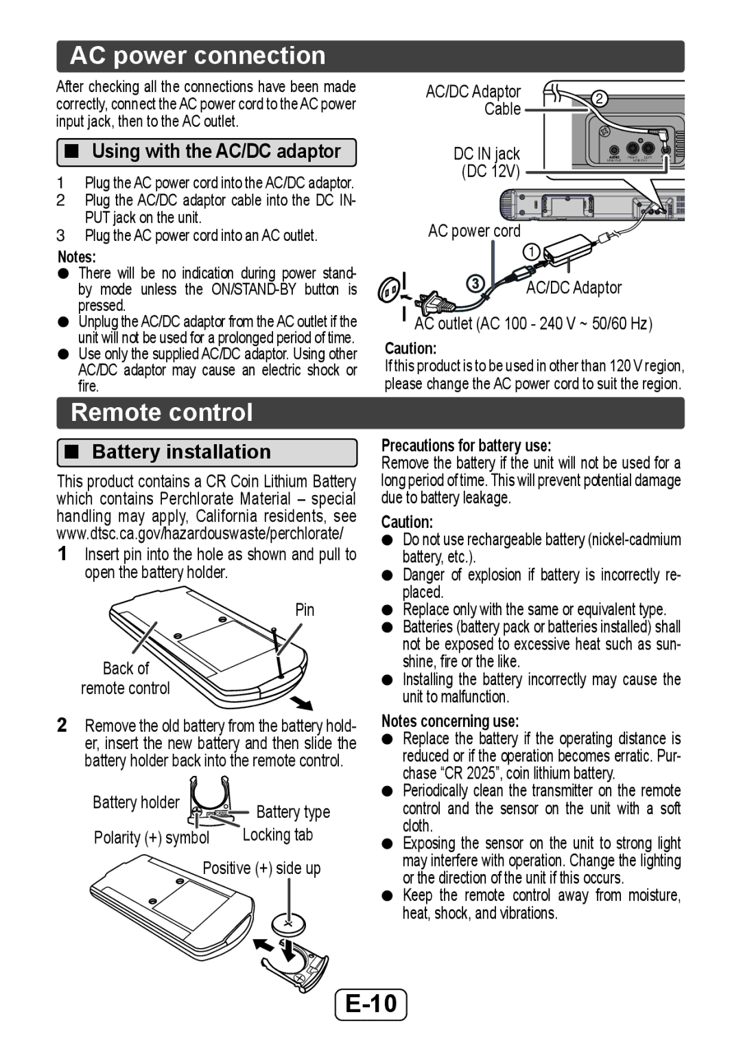 Sharp HTSB350 operation manual AC power connection, Remote control, Battery installation, Precautions for battery use 