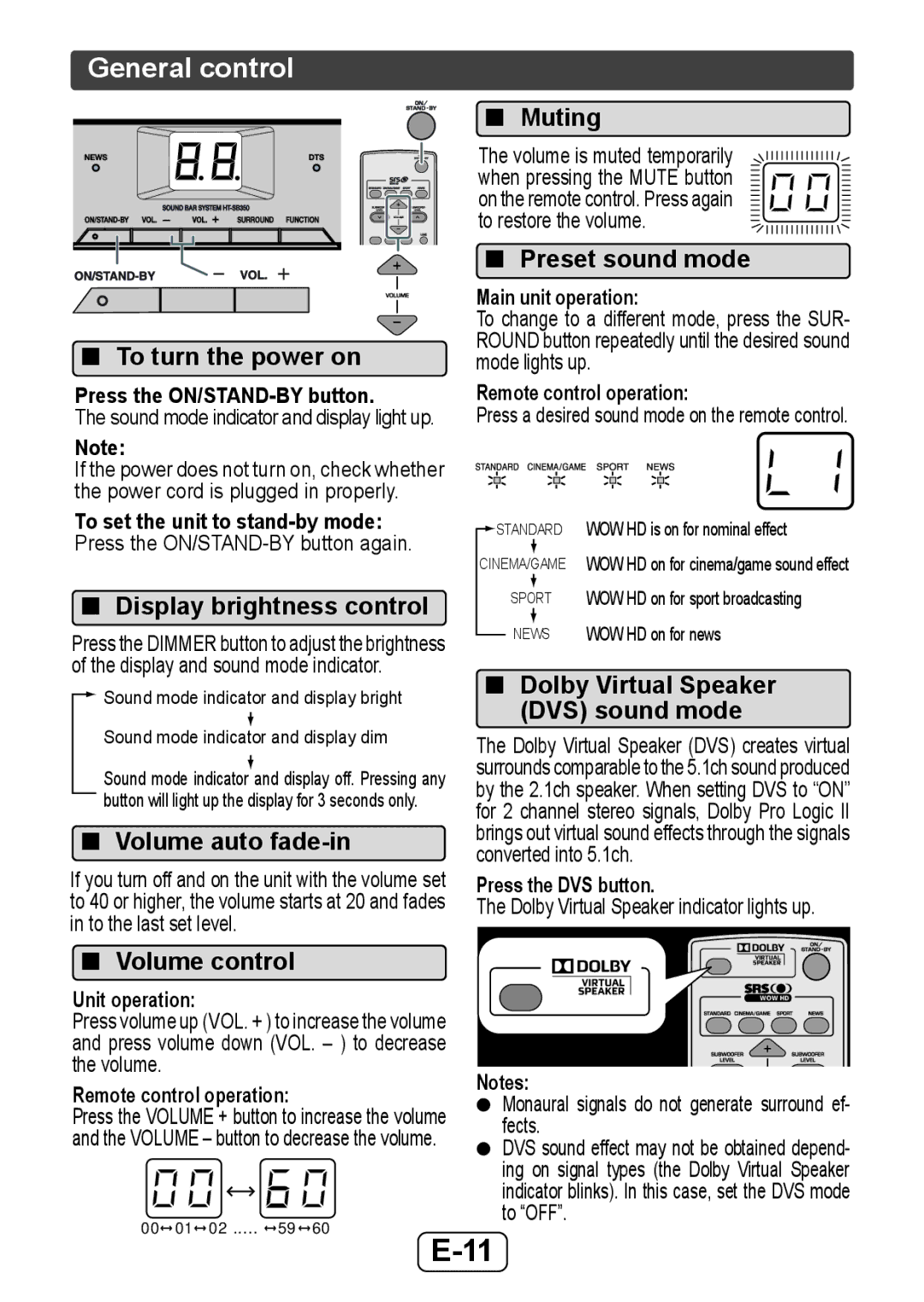 Sharp HTSB350 operation manual General control, Muting, Preset sound mode To turn the power on, Display brightness control 