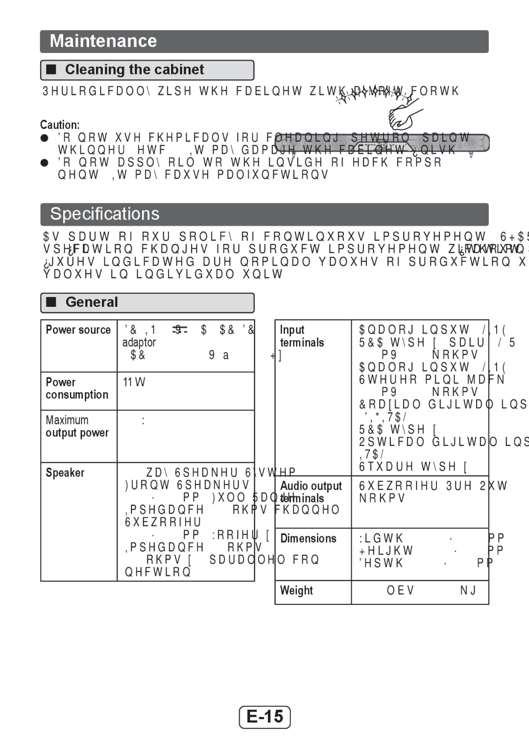 Sharp HTSB350 operation manual Maintenance, Specifications, Cleaning the cabinet 