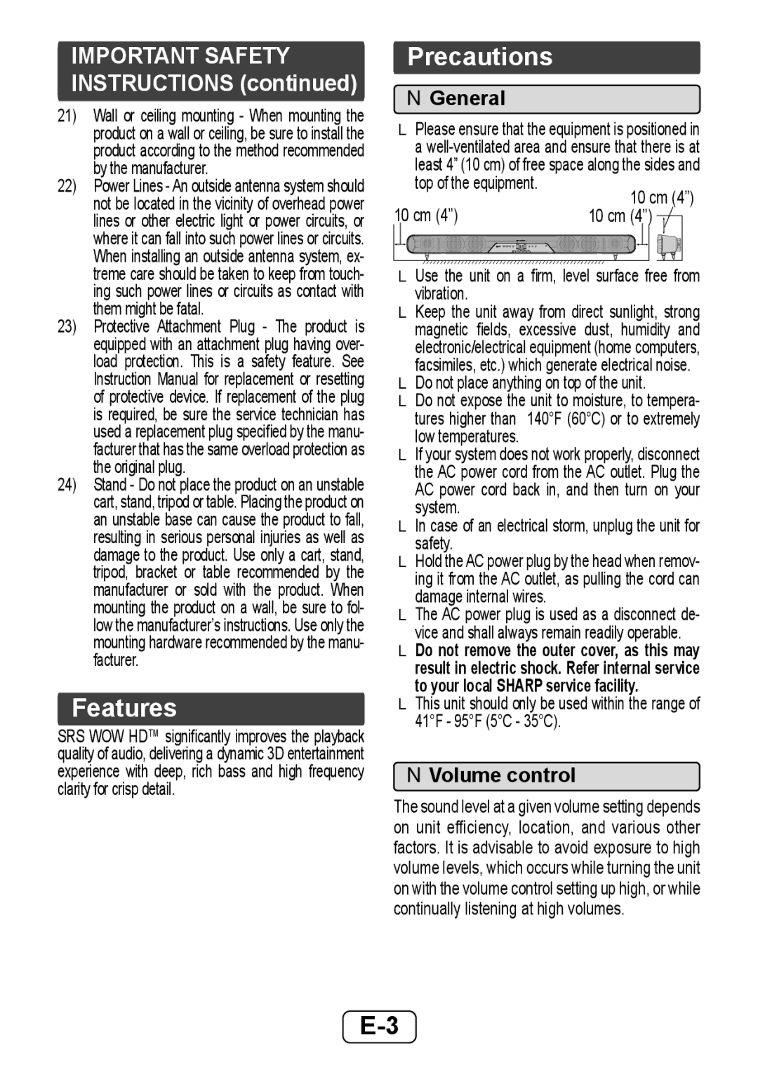 Sharp HTSB350 operation manual Features, Precautions, General, Volume control 