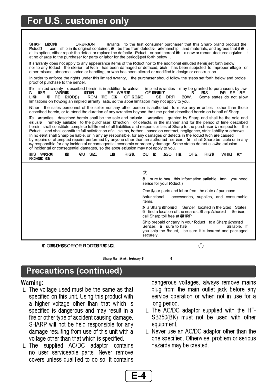 Sharp HTSB350 operation manual For U.S. customer only, Precautions 