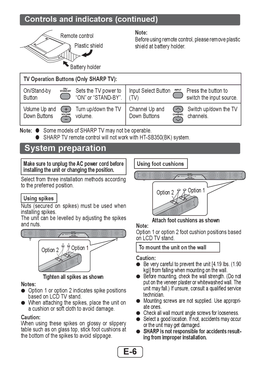 Sharp HTSB350 operation manual System preparation, Controls and indicators 