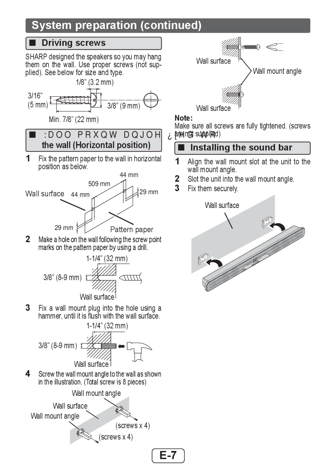 Sharp HTSB350 operation manual Driving screws, Installing the sound bar 