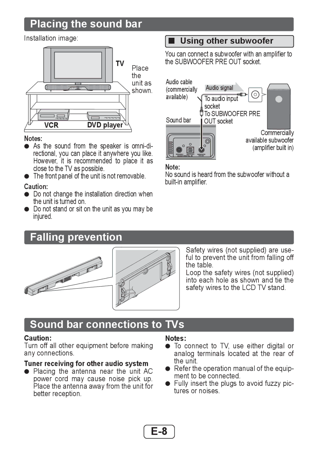 Sharp HTSB350 Placing the sound bar, Falling prevention, Sound bar connections to TVs, Using other subwoofer 