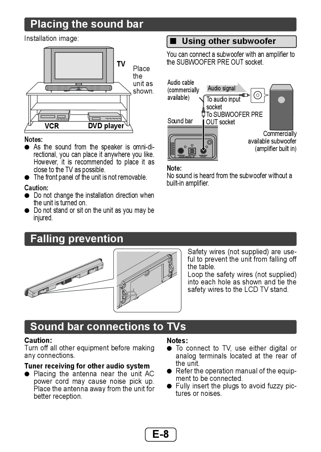 Sharp HTSB350 Placing the sound bar, Falling prevention, Sound bar connections to TVs, Using other subwoofer, Place 