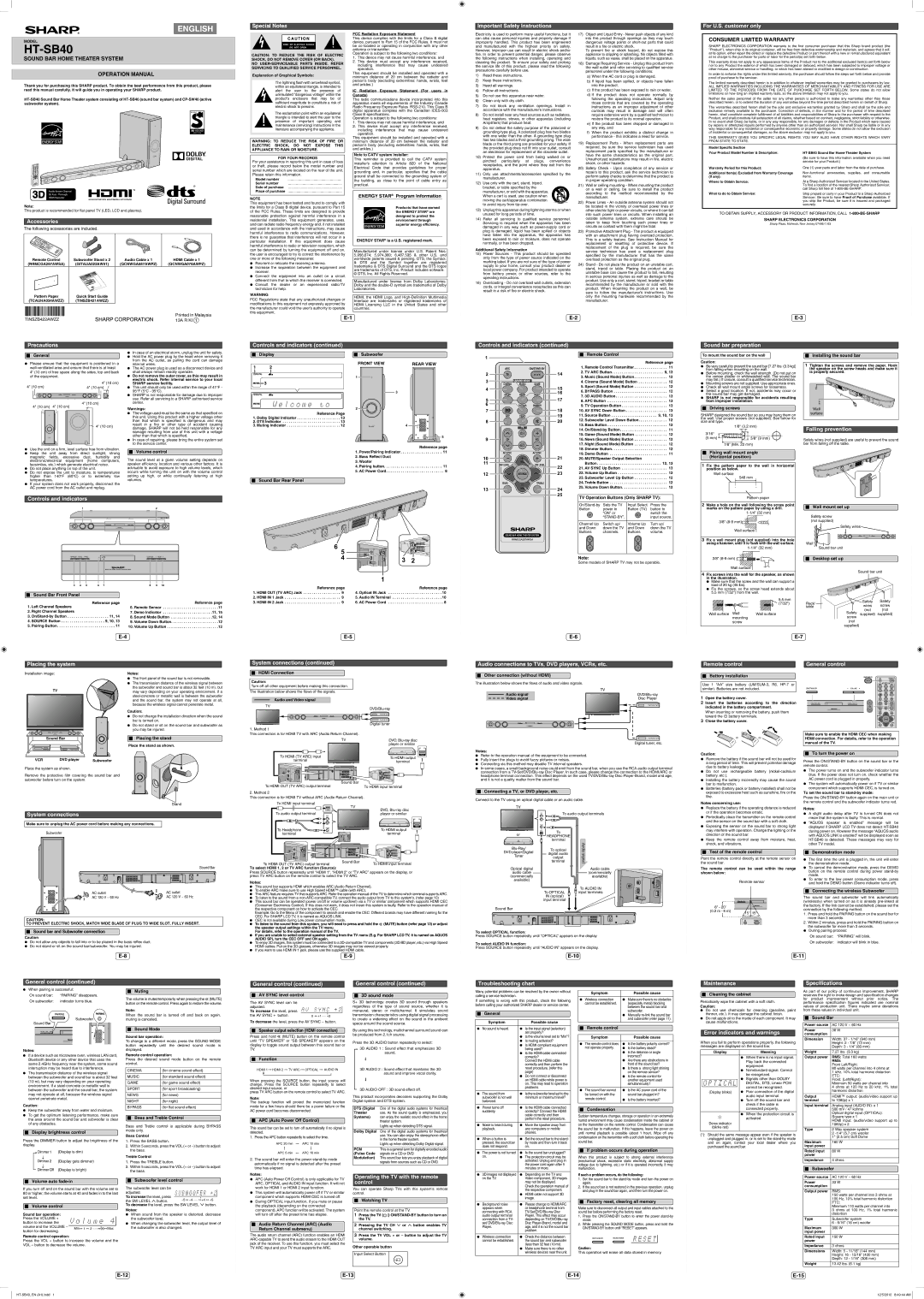 Sharp HT-SB40, HTSB40 important safety instructions Accessories, Special Notes, Important Safety Instructions, Precautions 