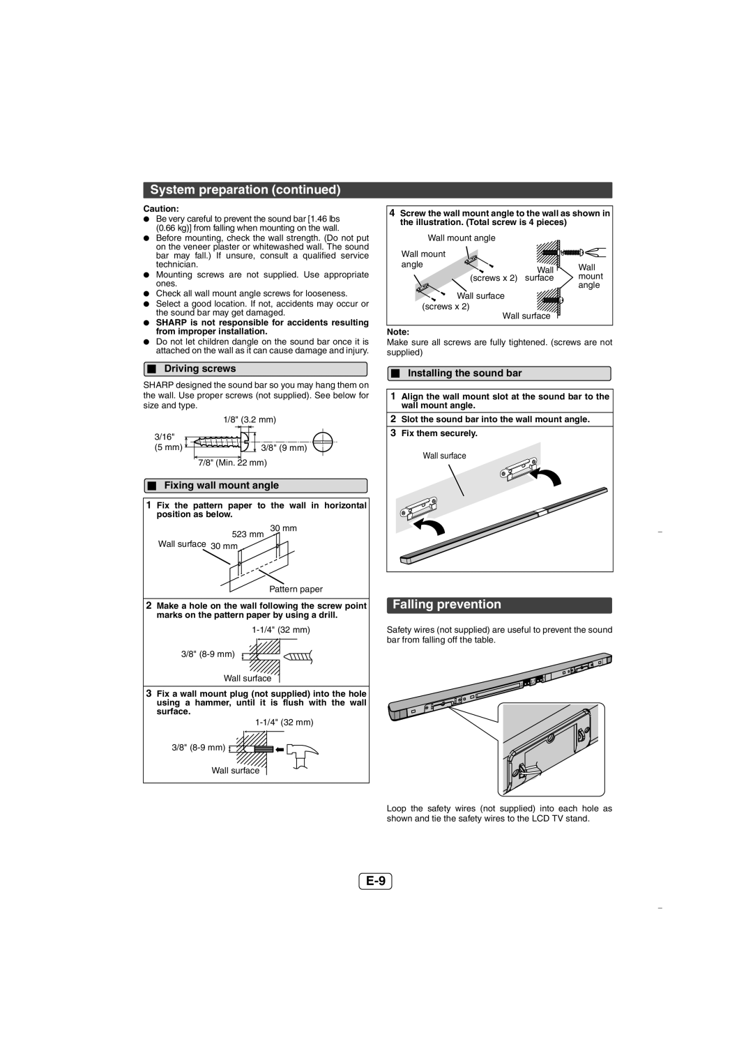 Sharp HTSL70 operation manual Falling prevention, Driving screws, Fixing wall mount angle, Installing the sound bar 