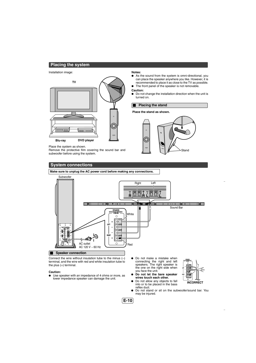 Sharp HTSL70 operation manual Placing the system, System connections, Placing the stand, Speaker connection 