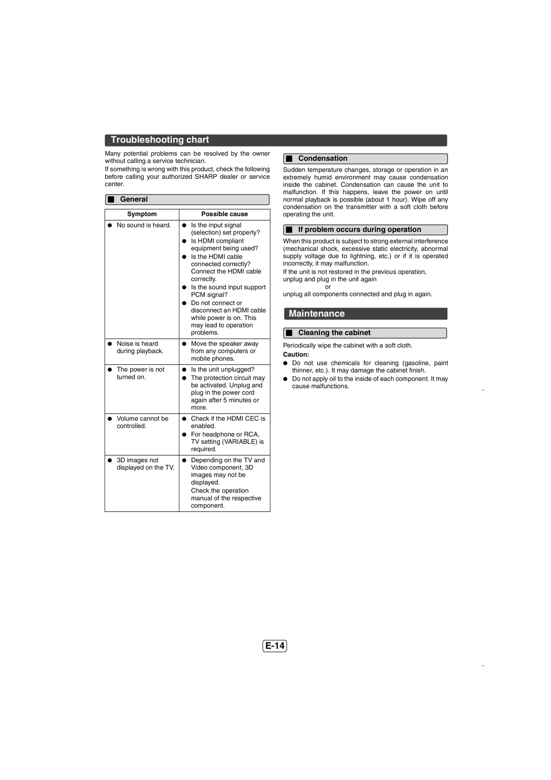 Sharp HTSL70 Troubleshooting chart, Maintenance, Condensation, If problem occurs during operation, Cleaning the cabinet 