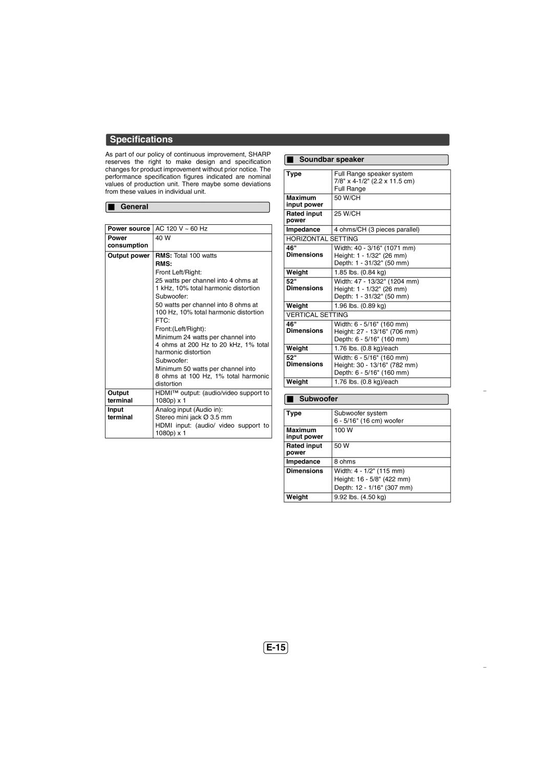 Sharp HTSL70 operation manual Specifications, Soundbar speaker 