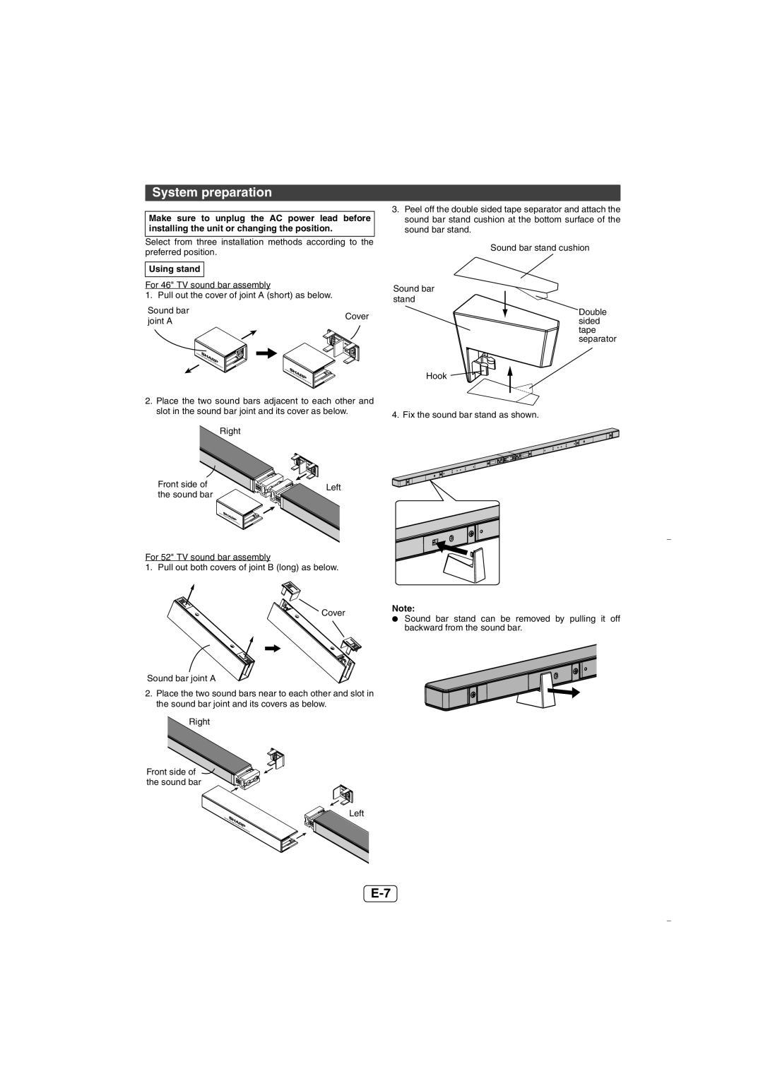 Sharp HTSL70 operation manual System preparation, Using stand, Sound bar, Joint a, Front side 