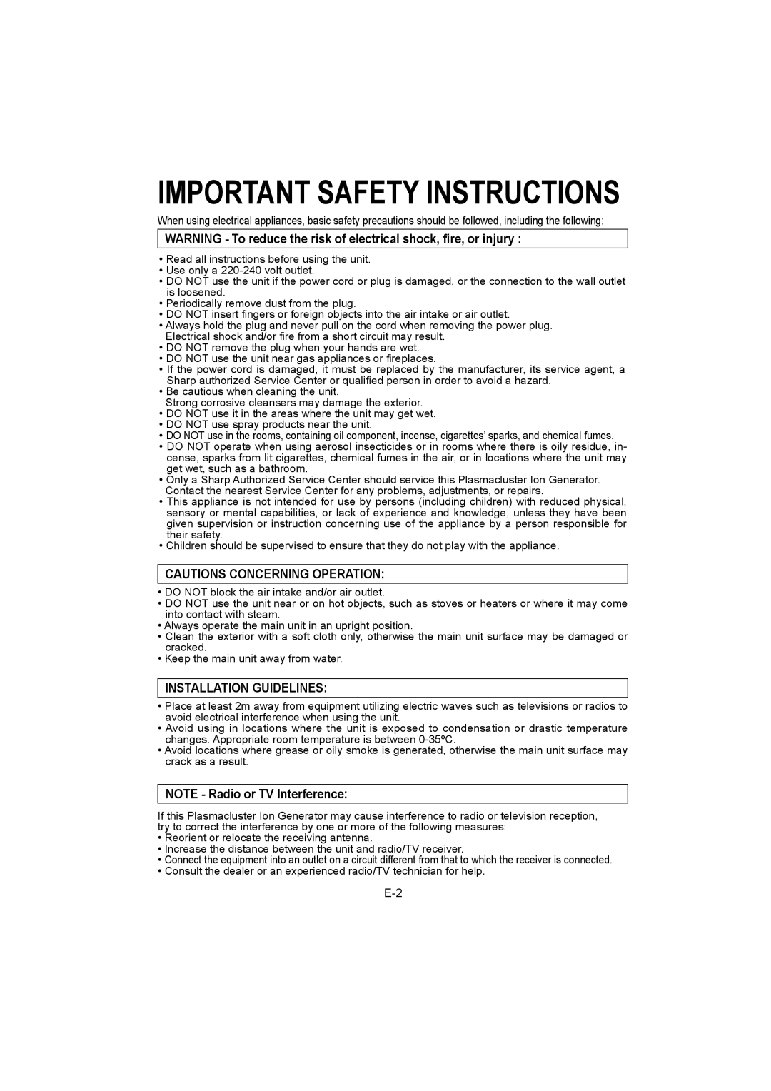 Sharp IG-A10E operation manual Important Safety Instructions, Installation Guidelines 