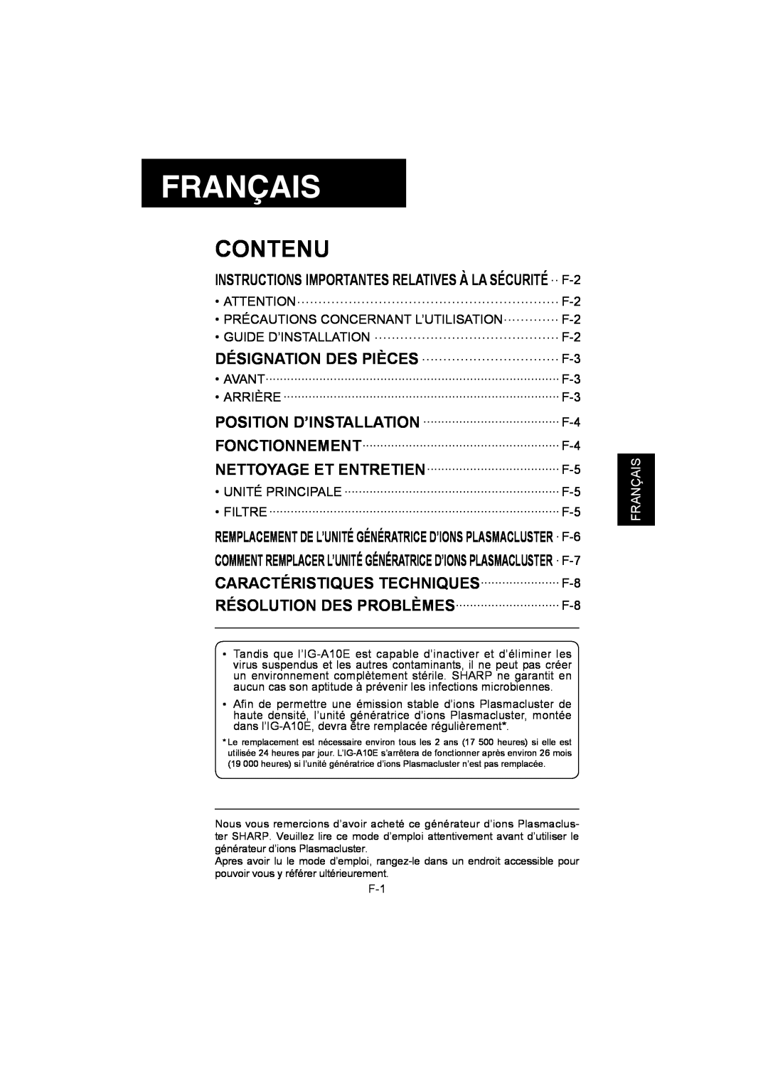 Sharp IG-A10E operation manual Français, Contenu 