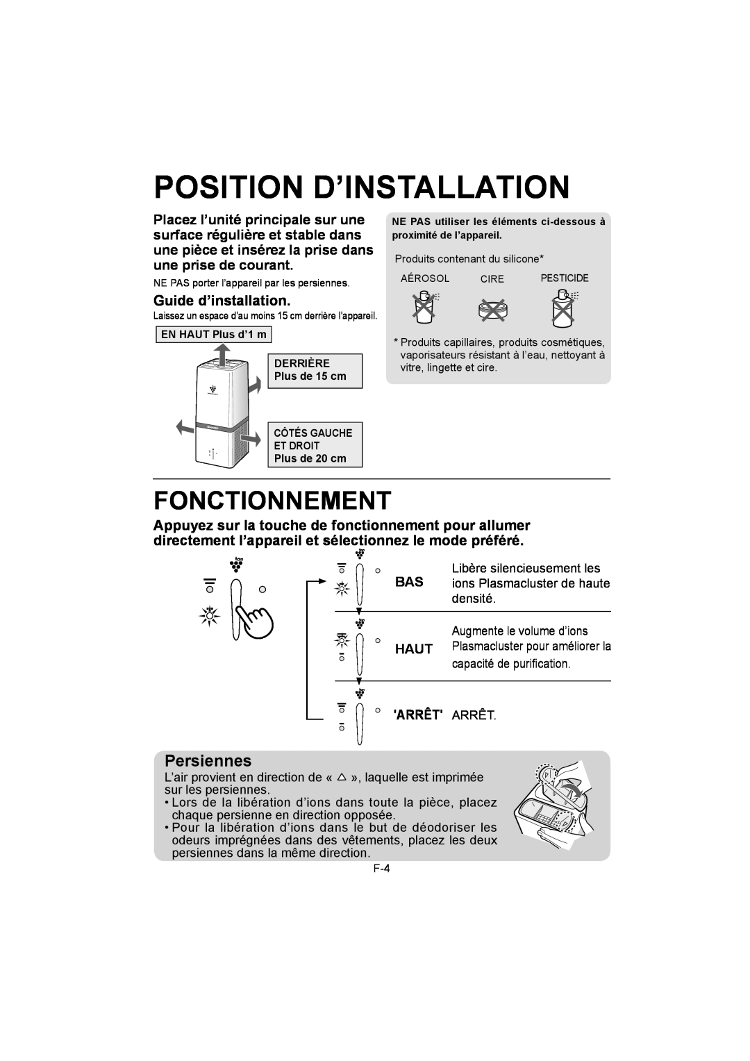 Sharp IG-A10E operation manual Position D’Installation, Fonctionnement, Persiennes 