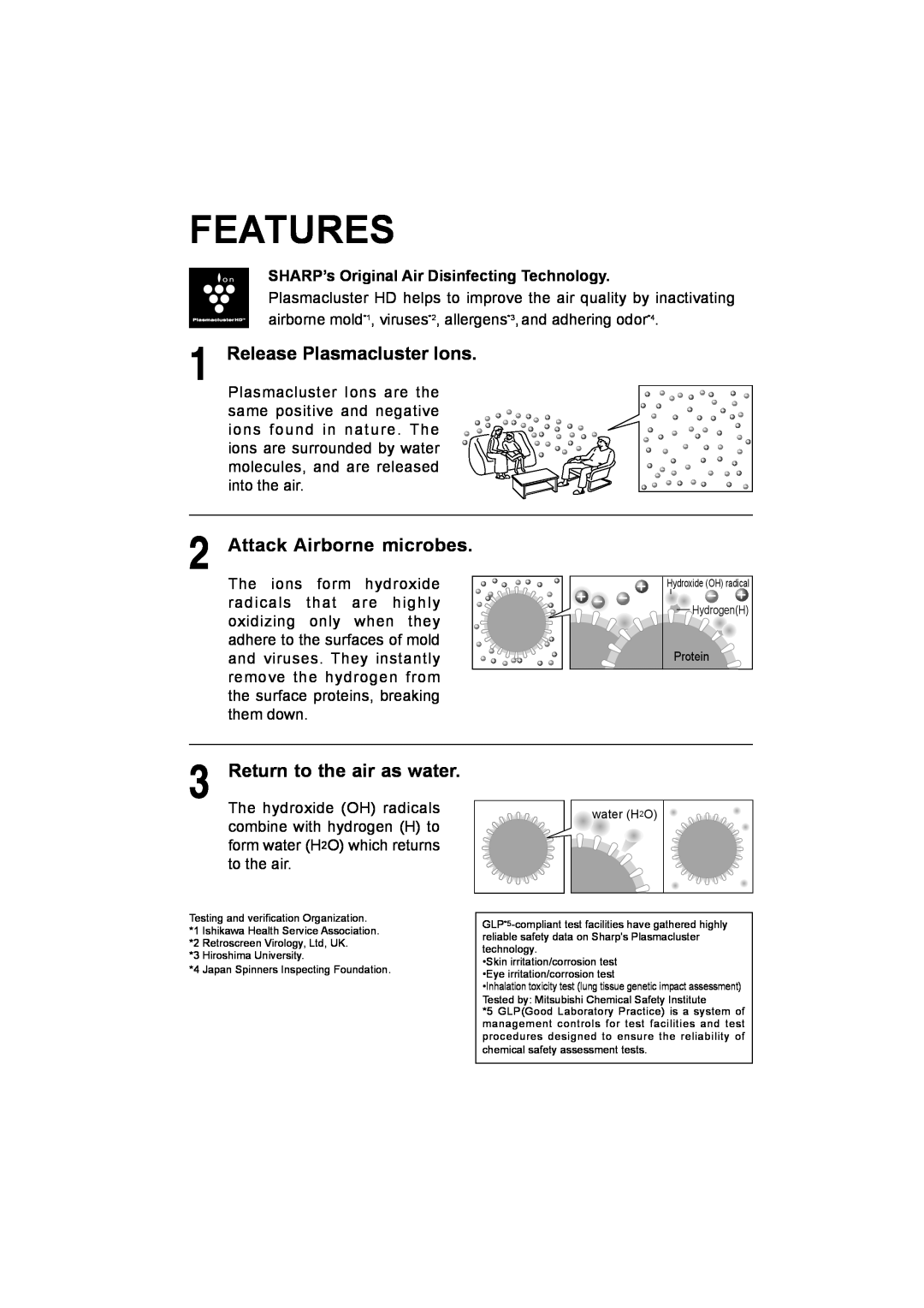 Sharp IG-A10E operation manual Features, Release Plasmacluster Ions, Attack Airborne microbes, Return to the air as water 