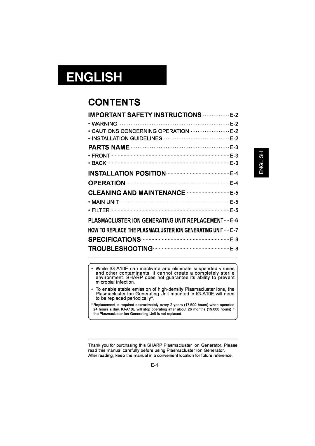 Sharp IG-A10E operation manual English, Contents, IMPORTANT SAFETY INSTRUCTIONS ...............E-2 